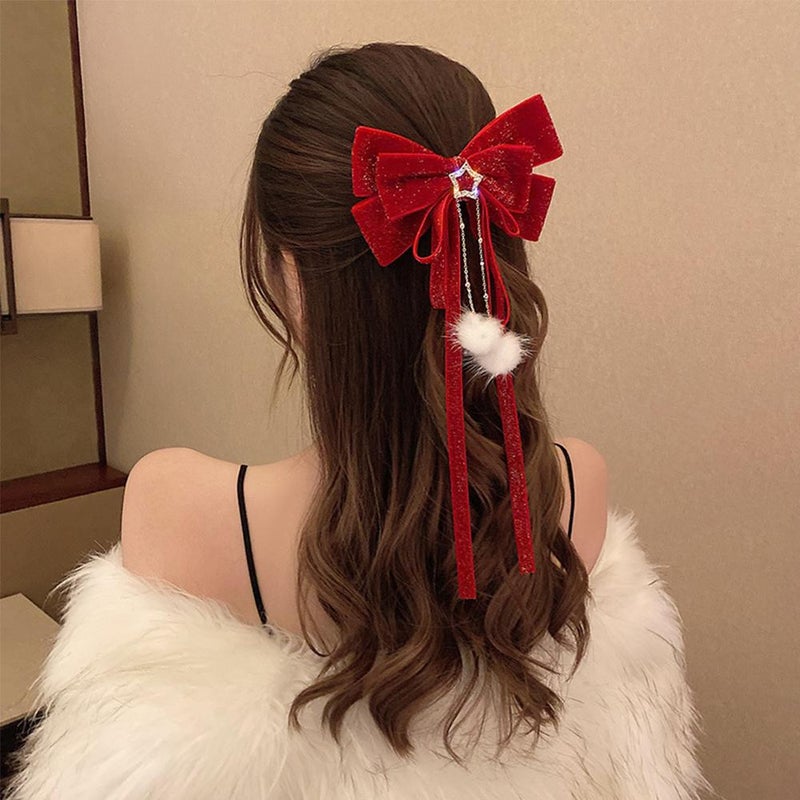 Christmas Hair Bow Clip Red Velvet Bowknot, Red Glitter Hair Bows with Plush Ball, Design Stylish Hairs Bows Girls Women, For Christmas,Valentine's Day New Year Hairs Decorations - Image 2